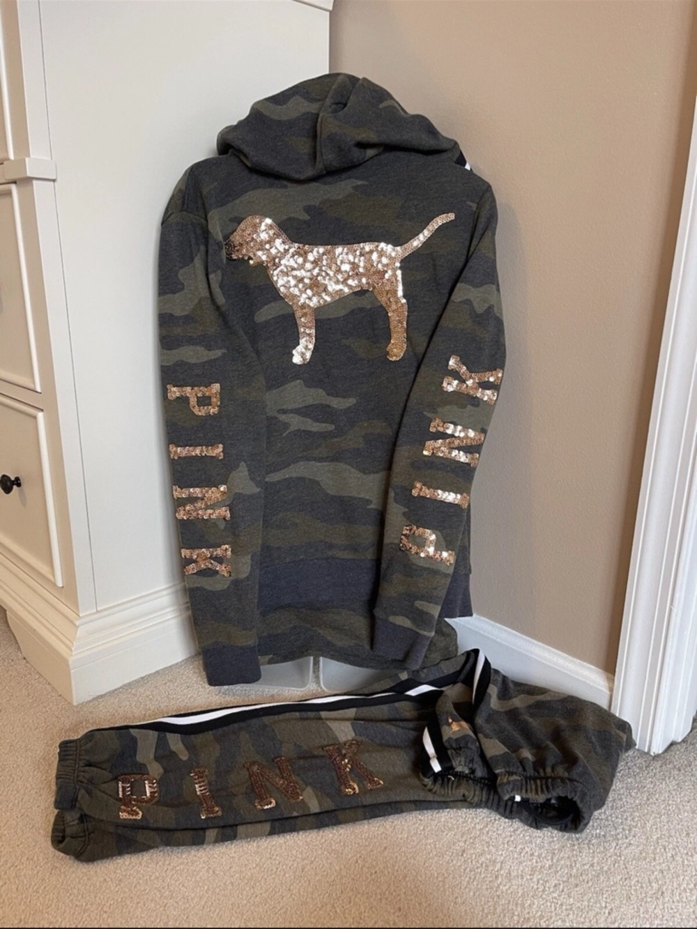 Victoria Secret Pink Camo Jogget Jacket T Shirt Set Bling Size S 3pcs Rare - Picture 5 of 8